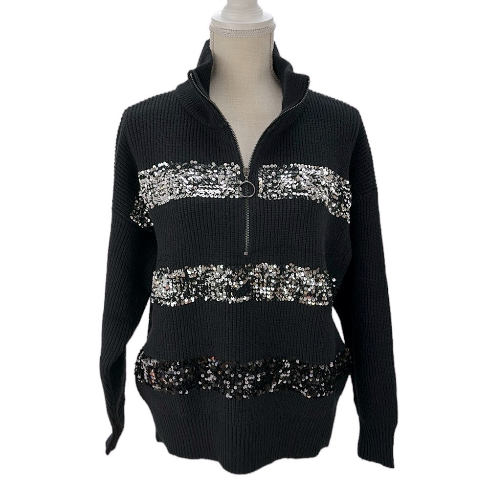Nine West Black 1/4 Zip Sweater‎ Stripe Sequins Size L Soft Cozy Sparkle Warm